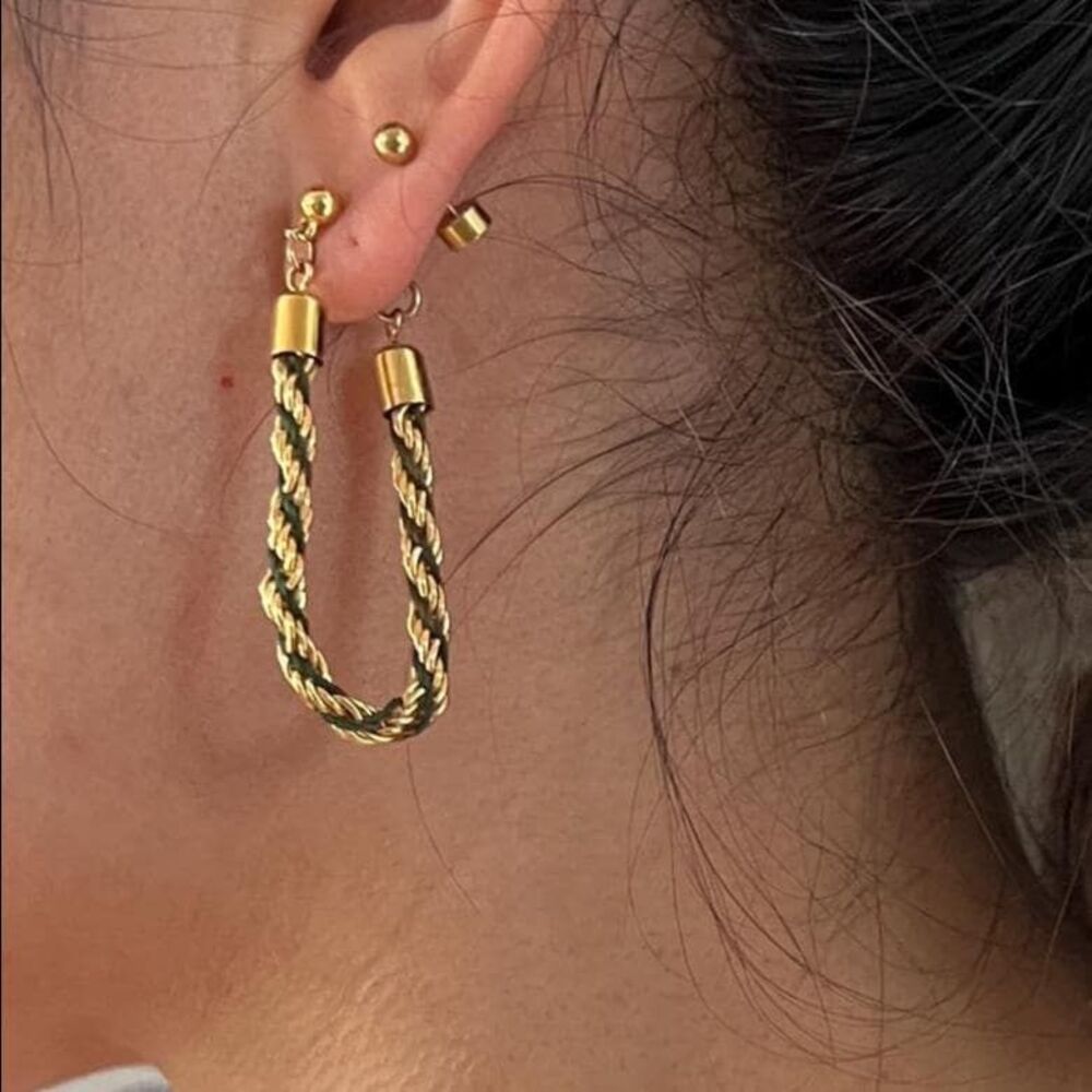 Gold‎ tone twisted rope hoop earrings green minimalist